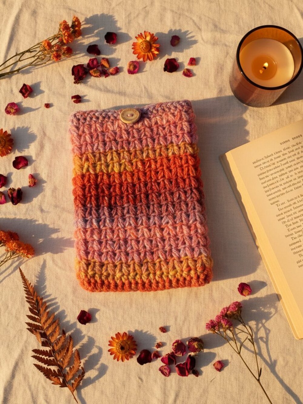 Kindle Paperwhite Sleeve — Sunset Stripe Crochet E-Reader & Paperback Book Cover